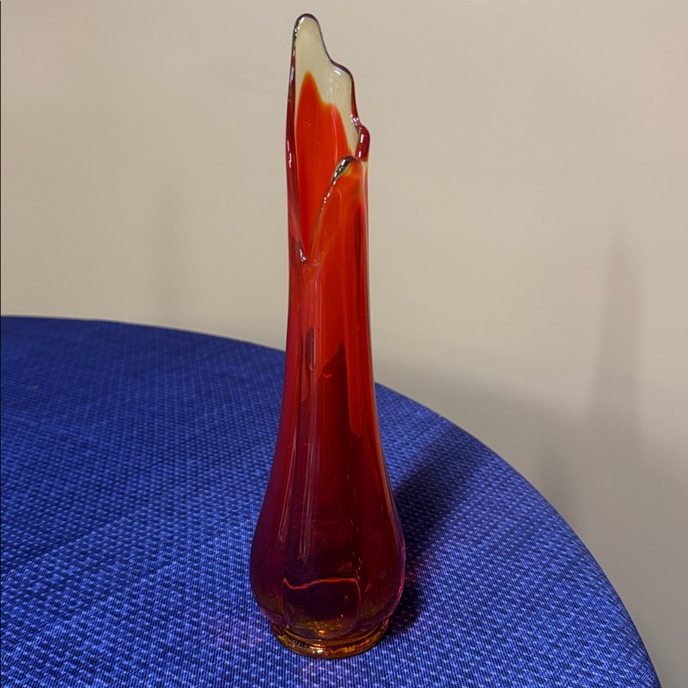 L.E. Smith Orange Red Flame 10.25" Tall Swung Glass Vase cadmium glow